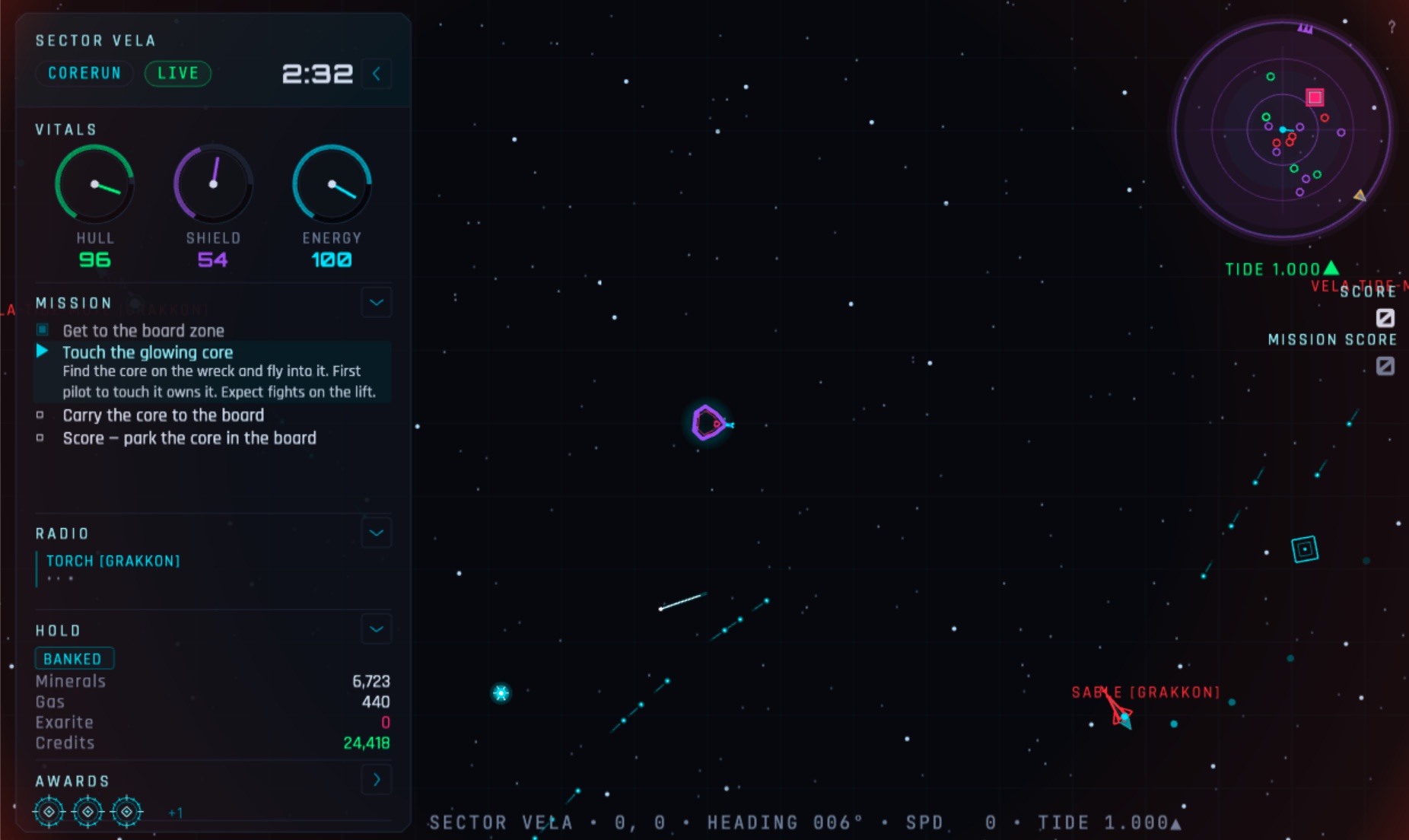 Field capture: in-flight over SECTOR VELA mid-CORERUN — vitals dials, a mission checklist reading 'touch the glowing core, expect fights on the lift,' and the radio panel live with another pilot on comms.