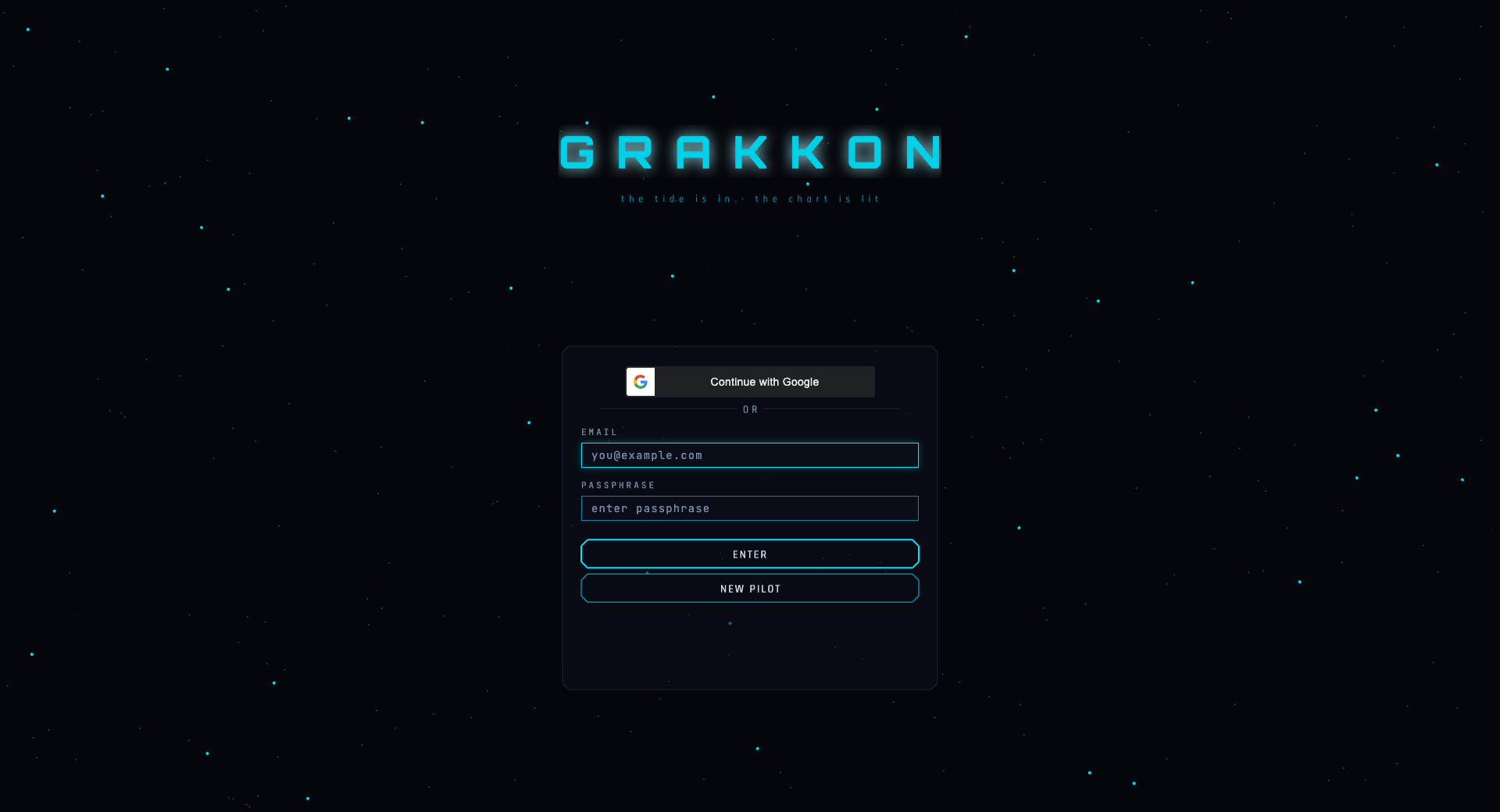 Field capture: the attract screen — parallax starfield, GRAKKON wordmark, and the sign-in panel a pilot sees before ever touching a stick.