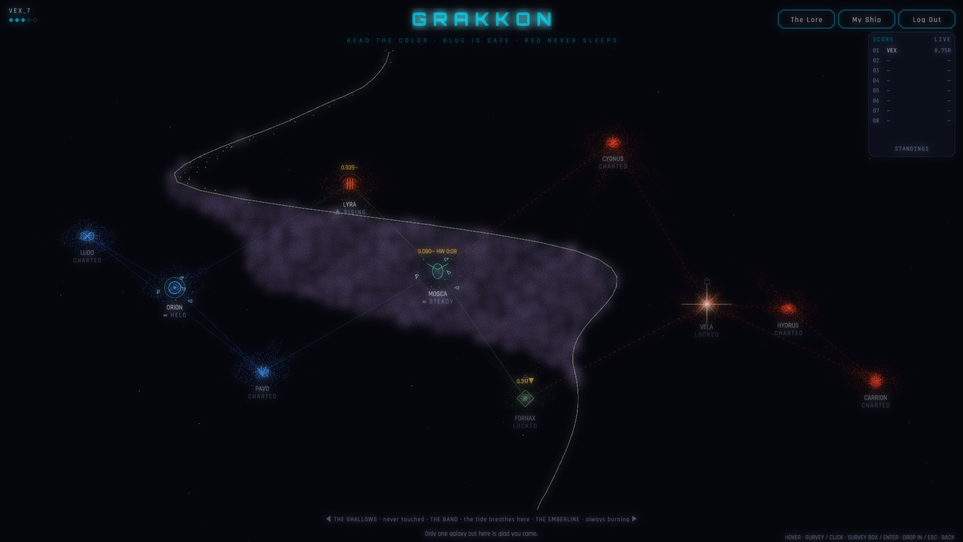 Field capture: the galaxy-select hub — live roster already at work before a pilot picks a destination.